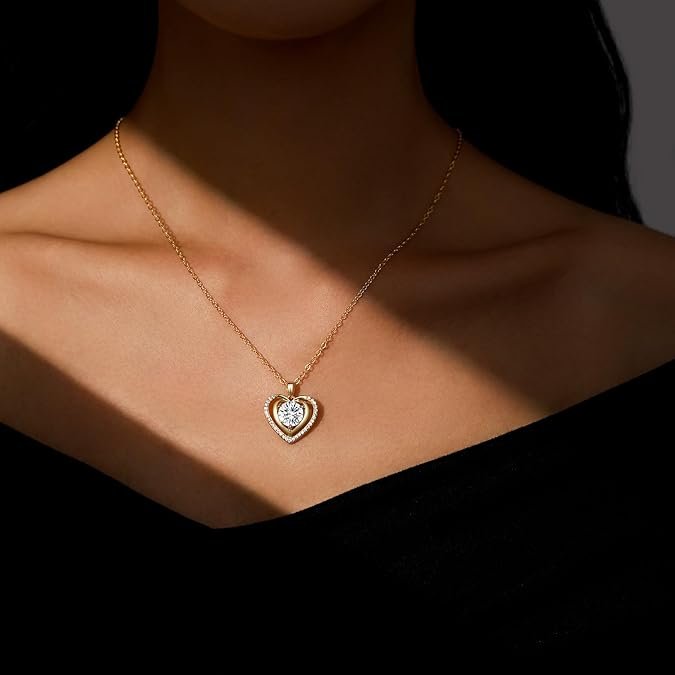 Gold Heart Pendant Necklace with Lab-Created Moissanite - Image 2